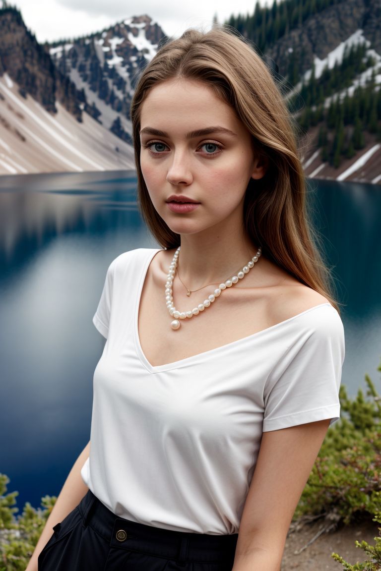 00042-125677558-_lora_kawaii7.1.3_obj20_0.75_0.25_, European woman, closeup, (shirt), pants, (crater lake national park), pearl necklace , ZM_da.jpg